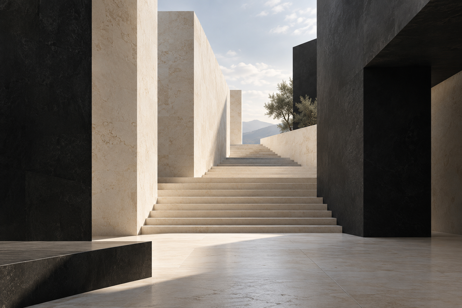 Conceptual limestone architecture with a rising path toward daylight